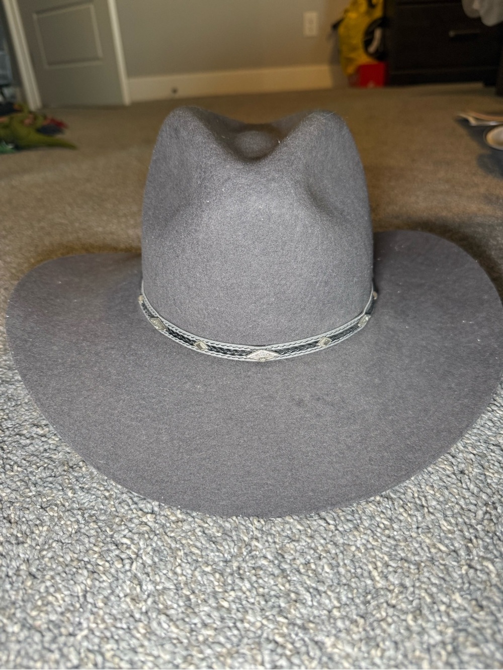 Women's Wide-Brim Felt Fedora Hat in Gray with Braided Trim